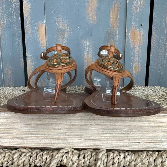 Tory Burch Leticia Ankle Strap Logo Thong Sandal Tan Sz 7.5 - Picture 2 of 15